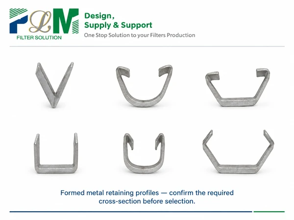 Formed metal retaining profiles for bag filter support components.