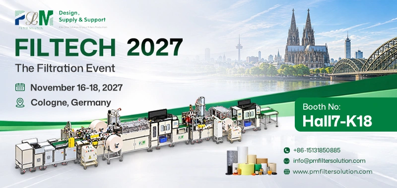 PLM Filter Solution at FILTECH 2027 in Cologne, Germany, November 16–18, showcasing filtration production equipment at booth Hall 7-K18.