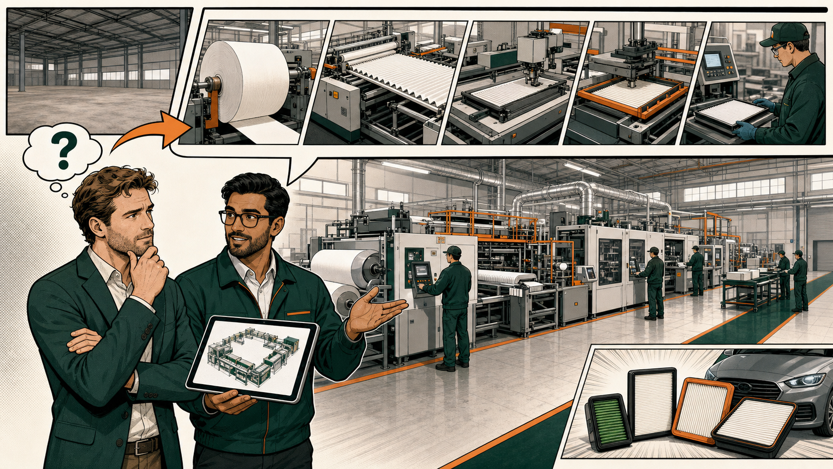 PLM engineer helping an overseas customer plan an automotive air filter production line