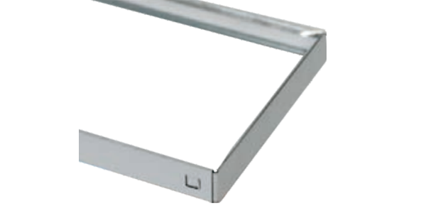 Metallic frame corner with interlocking L-joint, silver finish, industrial construction detail.