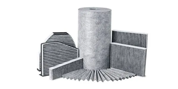 Cabin air filter production with activated-carbon filter media and finished cabin filter examples.