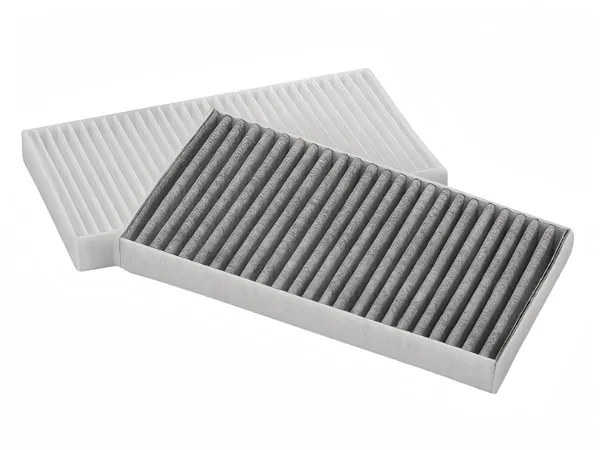 White and gray cabin filters with cabin filter media on a white background.