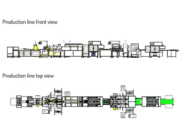 Cabin filter production line front and top layout view.