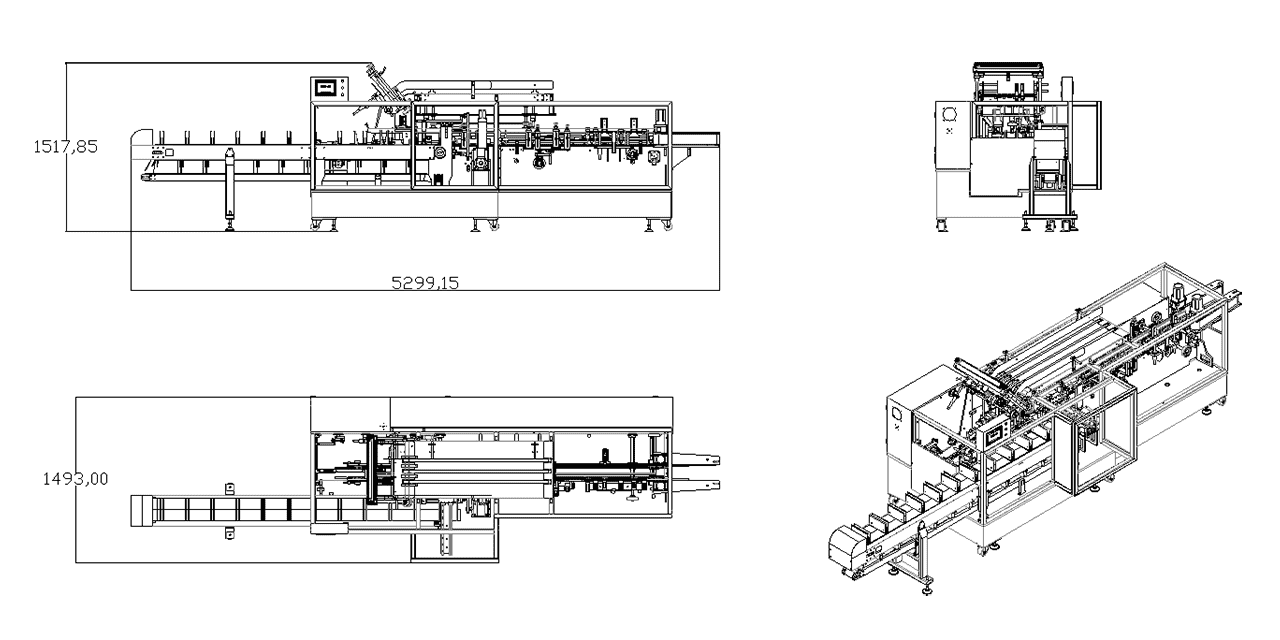 A drawing shows dimensions of cartoning machine.