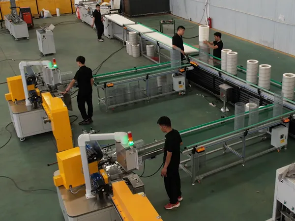 Filter production line layout with connected equipment for a complete filter factory solution.