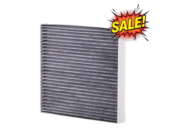 Gray pleated car cabin air filter with white frame for air filtration.