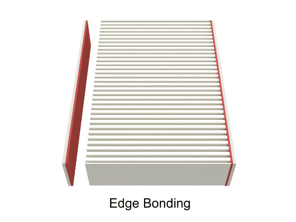 The edge bonding process of hot melt glue to form HVAC filters.