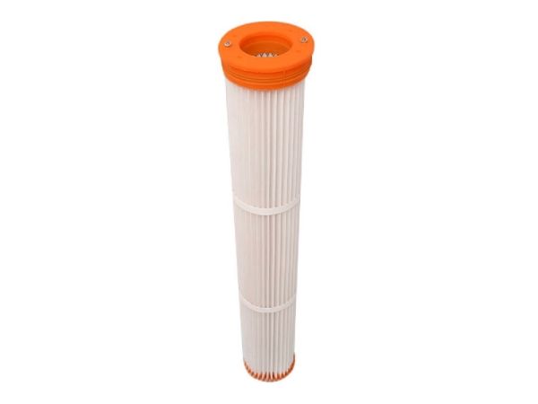 An industrial dust air filter with PU adhesive end caps are displayed.