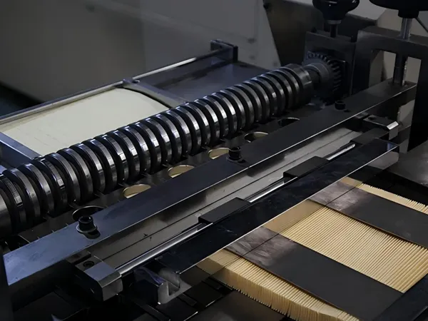 Filter paper pleating process in an oil filter production line.