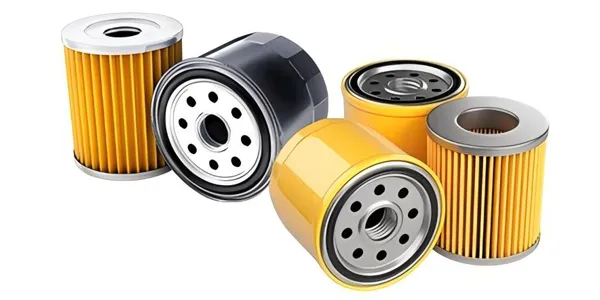 Five oil filter elements on a white background.