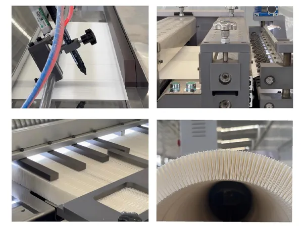 PLGT oil filter pleating machine details showing feeding, forming and pleated filter media.