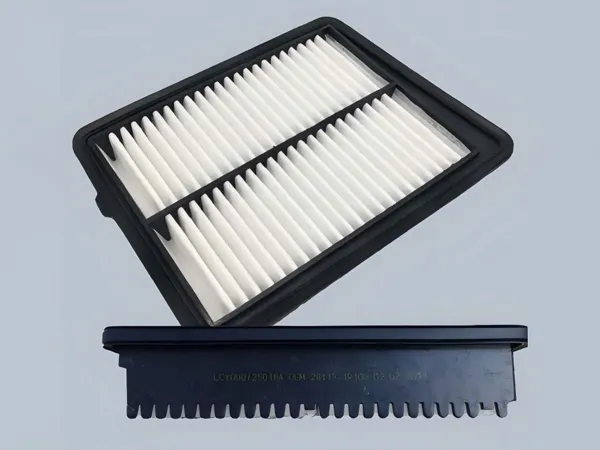 Finished PP air filters from a PP air filter production line on a gray background.