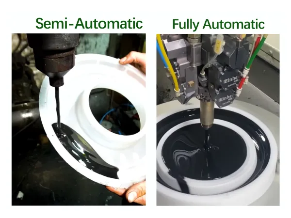 Semi-automatic vs fully automatic PU dispensing for air filter production.