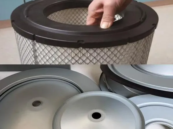 Metal and PU end caps for a truck air filter production line.